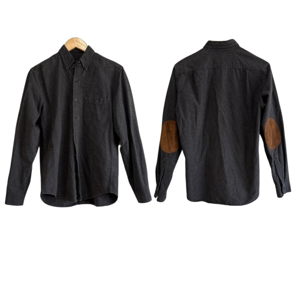 J. CREW Men's Charcoal Faux-Suede Elbow-Patch Button-Up Long Sleeve Shirt Sz S